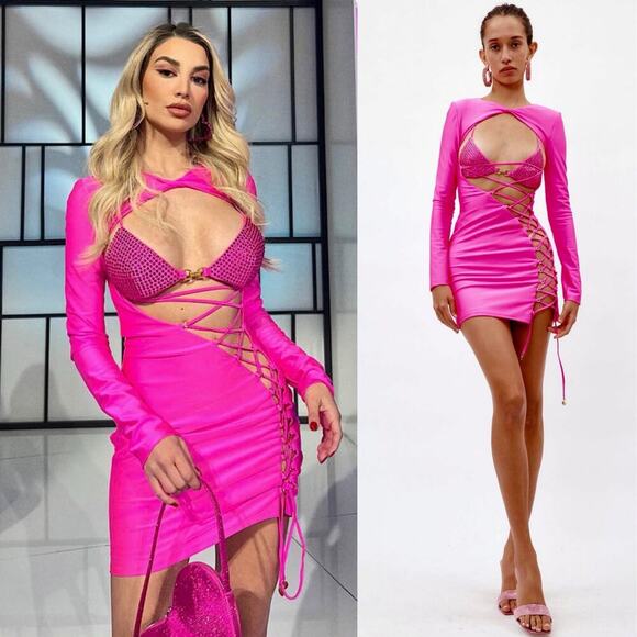 Dundas Coco Bijoux Fuchsia Pink Lace-Up Embellished Bodycon Mini Dress XS - Picture 1 of 13